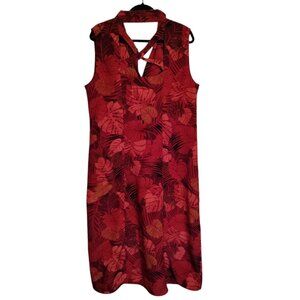 Vintage R&K Tropical Dress Red Sleeveless midi Button Front Size‎ 18